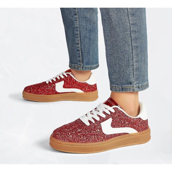 Lucky Step Women Red Casual Sparkly Bling Shiny Dressy Bedazzled Bridal Sneakers - Picture 9 of 9